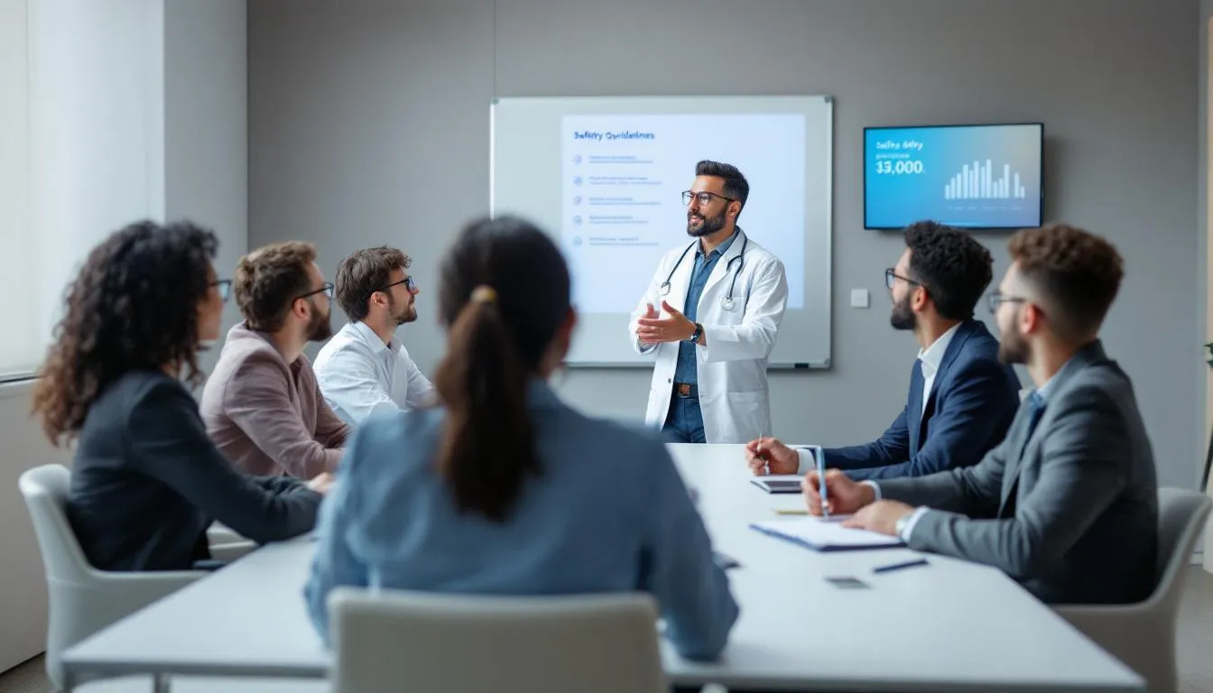 In einem Teammeeting diskutieren Mitarbeiter eines Unternehmens mit einem Betriebsarzt über Arbeitssicherheit und Gesundheitsvorsorge am Arbeitsplatz. Der Facharzt für Arbeitsmedizin gibt Ratschläge zu Themen wie Unfallverhütung und die Aufgaben des Betriebsarztes im Rahmen des Arbeitsschutzes.