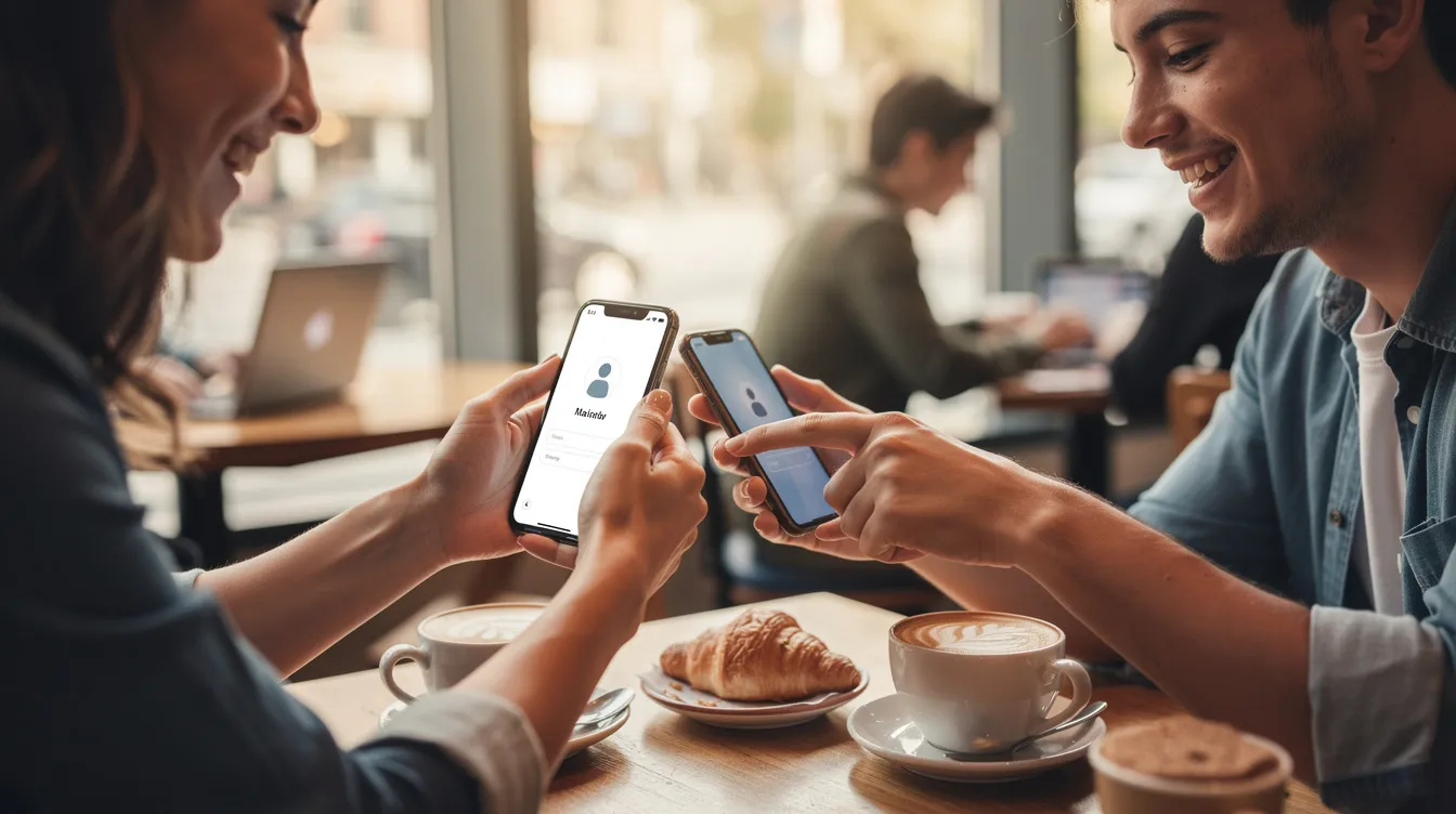 In a cozy coffee shop, two people are sitting across from each other, each holding their phones as they exchange contact information, symbolizing the potential for a new relationship. Their interaction reflects the beginning of a connection, filled with shared interests and the promise of exploring compatibility in the world of online dating.