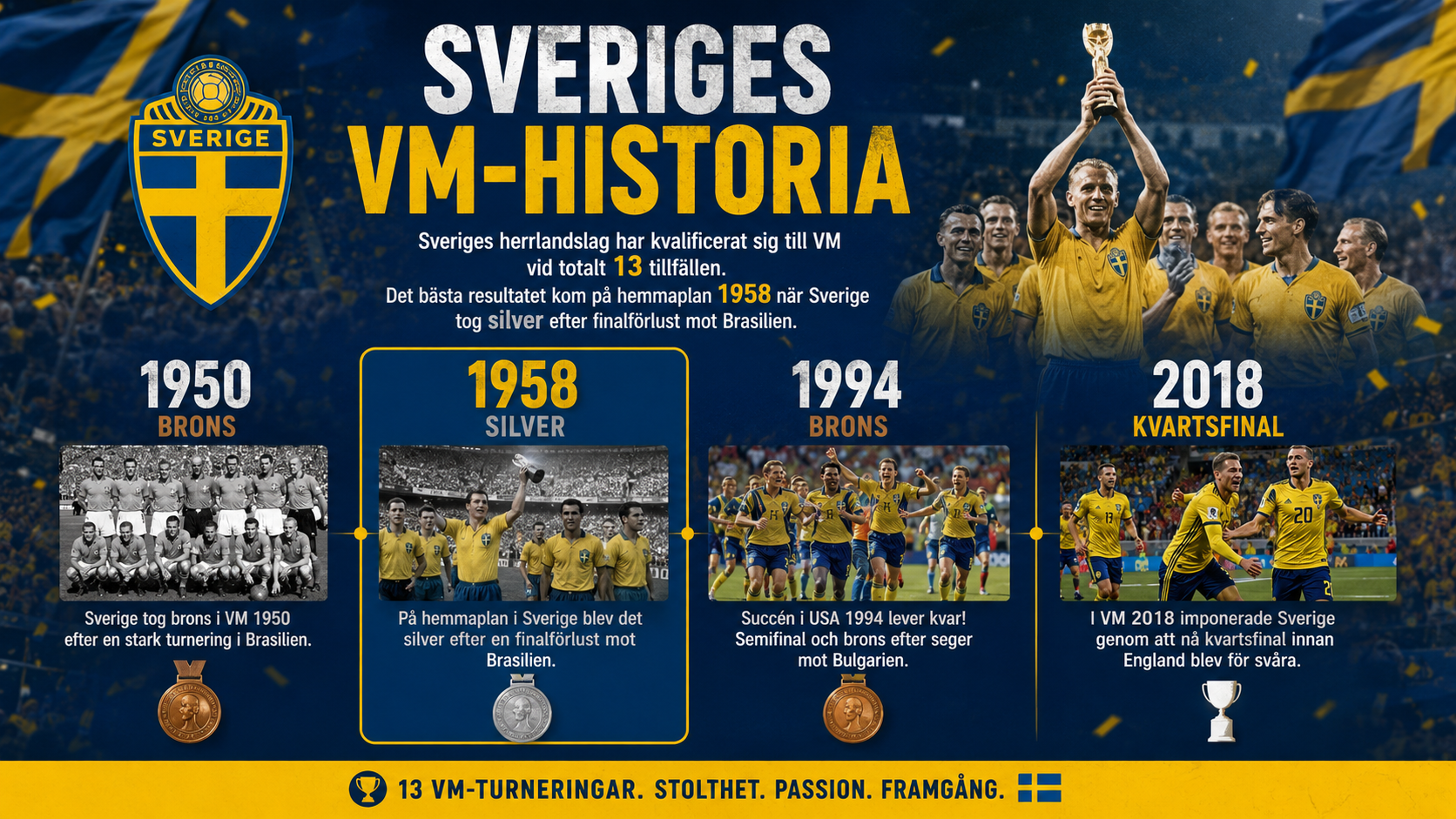 Sveriges största framgångar i fotbolls VM med silver 1958 och brons 1994.
