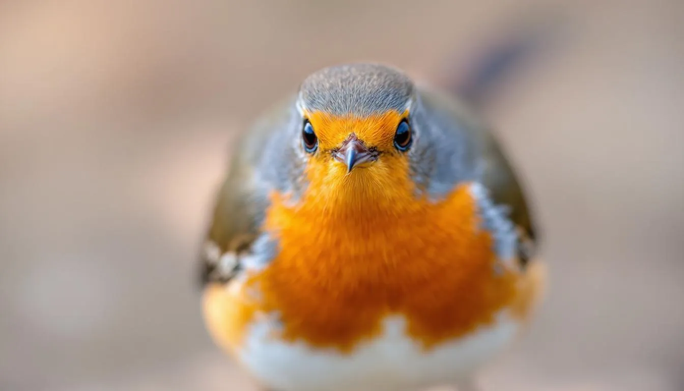 A close-up image of a robin songbird gazing directly at the camera, showcasing its bright colors and detailed features. This vibrant bird is a common sight at backyard bird feeders, often attracting many birds with its presence and the availability of fresh seeds nearby.