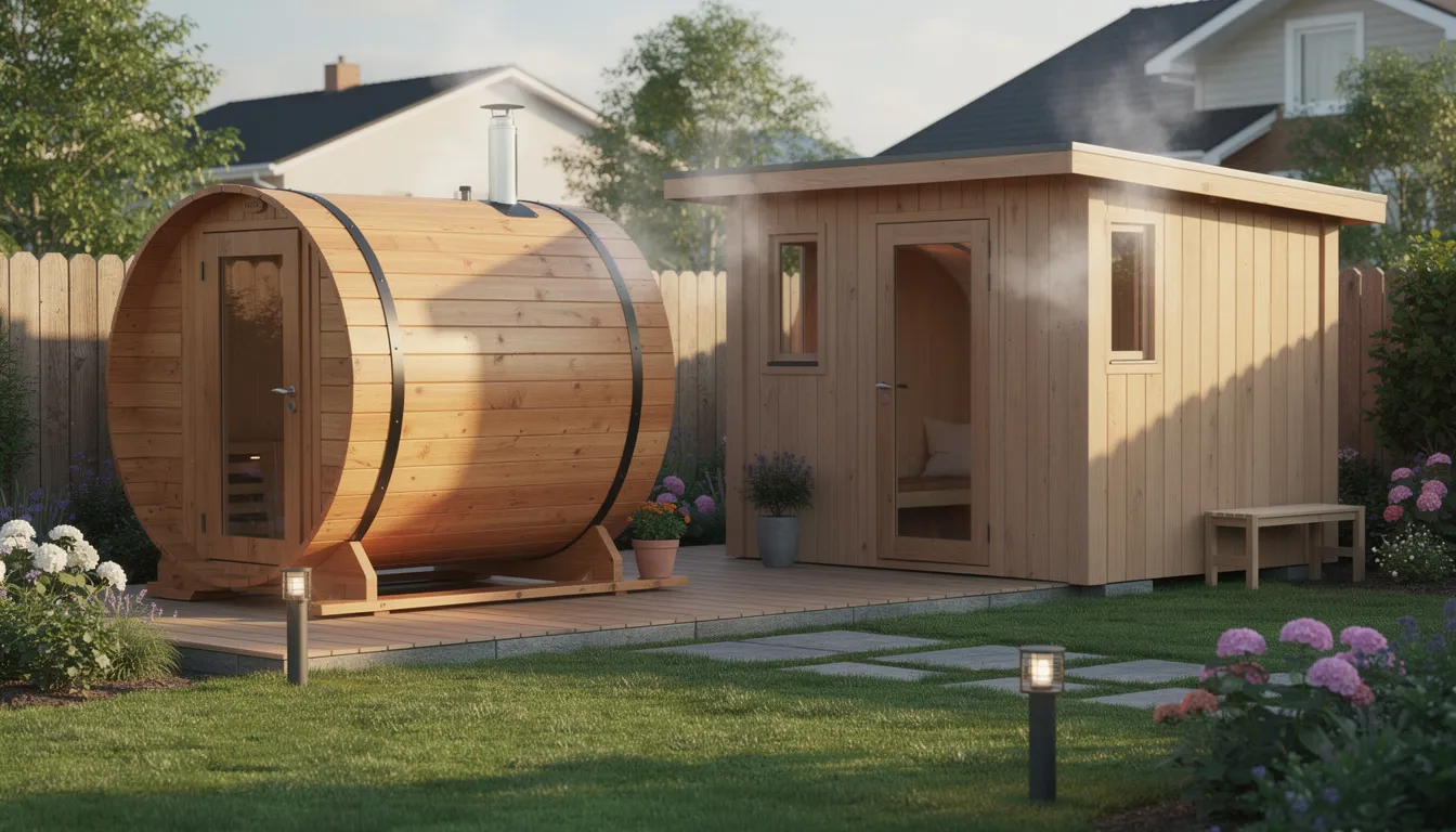 The image features two backyard saunas side by side in a residential garden, showcasing a cylindrical barrel sauna with a curved roof and a rectangular cabin sauna with straight walls. Both structures highlight their unique benefits, such as energy efficiency and proper ventilation, making them ideal for relaxation and warmth in the sauna world.