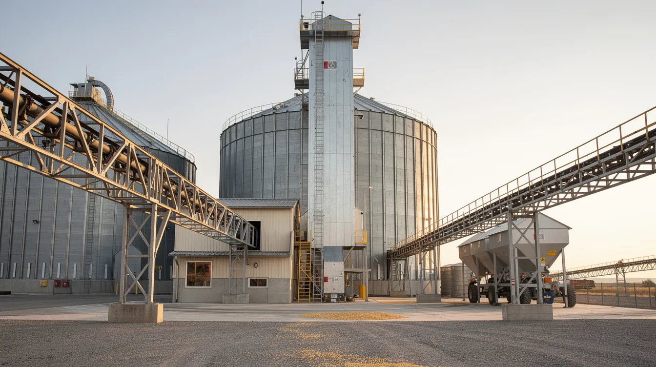 7c70fce4 5a27 4cd9 a6f1 ff2d0b116ce1 The image depicts a modern grain storage facility featuring industrial grain handling equipment, including bucket elevators and conveyor systems designed for efficient grain storage. This setup enhances storage capacity and operational efficiency, ensuring proper grain quality and protection within the facility.