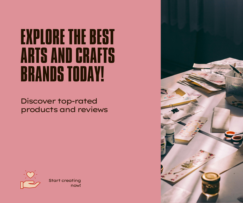 "Feminine review board layout featuring arts and crafts brands with star ratings and product visuals."