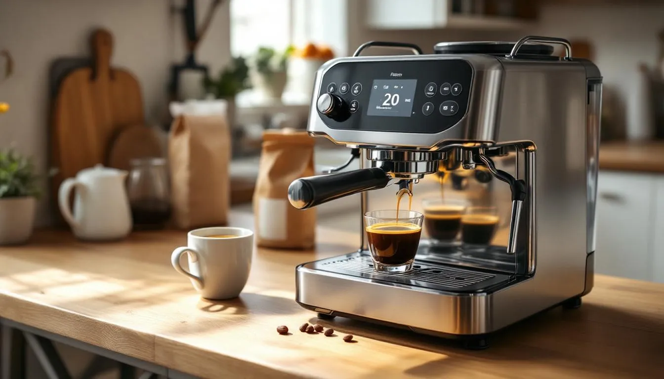 Na kuchennym blacie stoi elegancki ekspres do kawy, który może być doskonałym prezentem dla taty na urodziny. Jest to praktyczny gadżet, idealnie sprawdzający się w codziennym użytkowaniu, który z pewnością wywoła uśmiech na twarzy każdego miłośnika kawy.