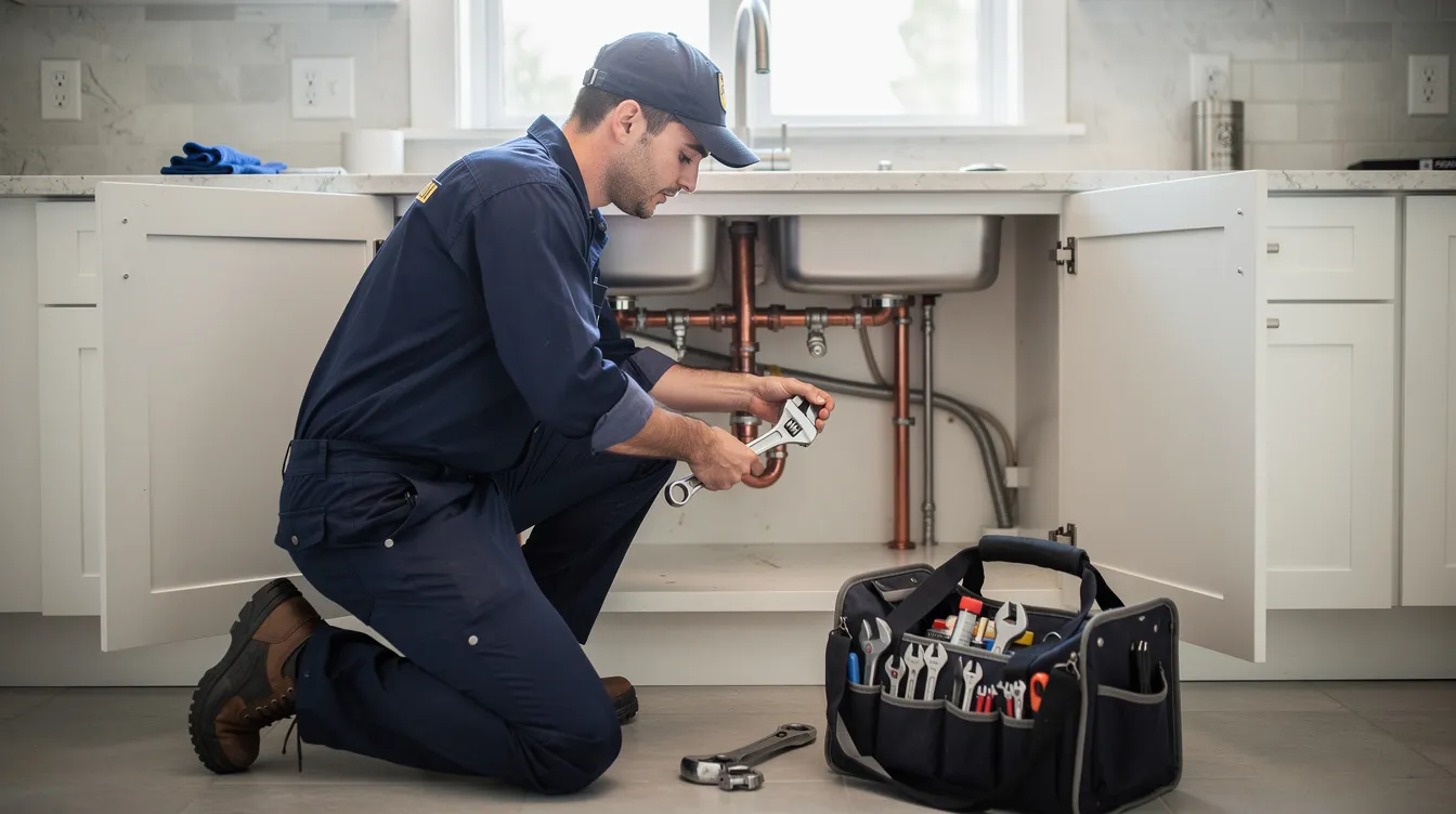 A plumber in a work uniform is using a wrench to tighten copper pipes beneath a residential kitchen sink, showcasing their expertise in emergency plumbing services. This image highlights the professional's attention to detail while addressing plumbing needs in a Phoenix home.