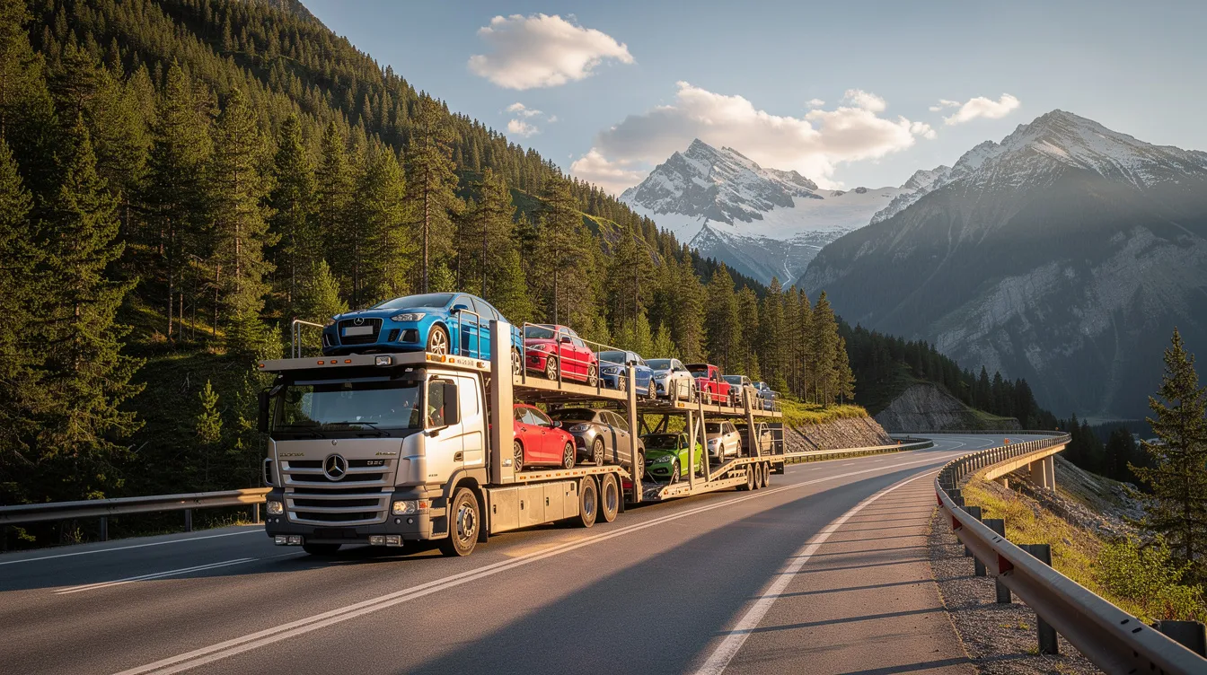 A multi-car carrier truck is seen traveling along a scenic highway surrounded by majestic evergreen trees, representing the reliable auto transport services available for shipping vehicles across Idaho. This picturesque setting highlights the convenience of car shipping options for transporting personal vehicles through beautiful landscapes.
