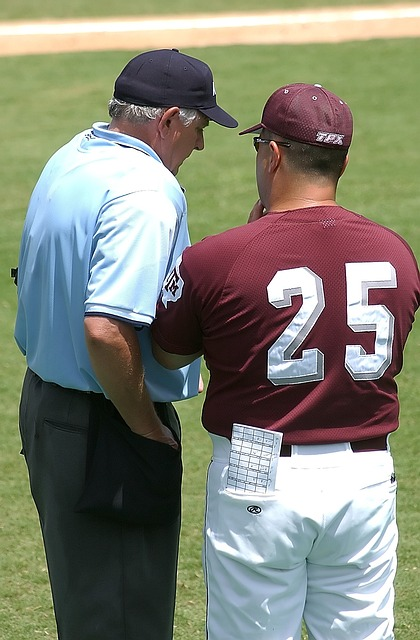 baseball coach and umpire discussing signs and steal strategy