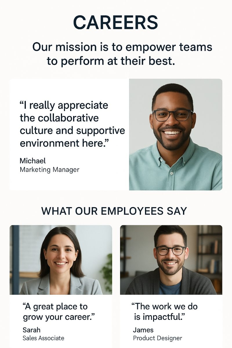 Modern company careers page with a clean white background and dark navy text. At the top, a bold 'CAREERS' header is followed by the mission statement: 'Our mission is to empower teams to perform at their best.' Below, three employee testimonials are displayed with professional portraits. Michael, a Marketing Manager, praises the collaborative culture. Sarah, a Sales Associate, highlights career growth. James, a Product Designer, values the impact of their work. The layout is spacious, with crisp photos and a minimalist color palette of dark blue, teal, and white.