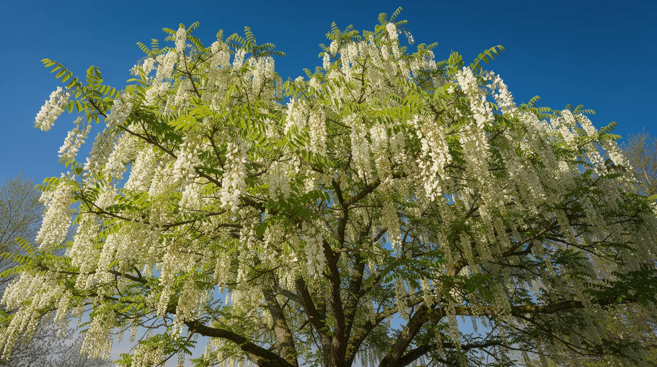A black locust tree stands tall against a clear blue sky, adorned with clusters of fragrant white flowers. This nitrogen-fixing tree not only enhances the beauty of the landscape but also contributes to soil fertility by improving nutrient cycling and supporting plant growth.