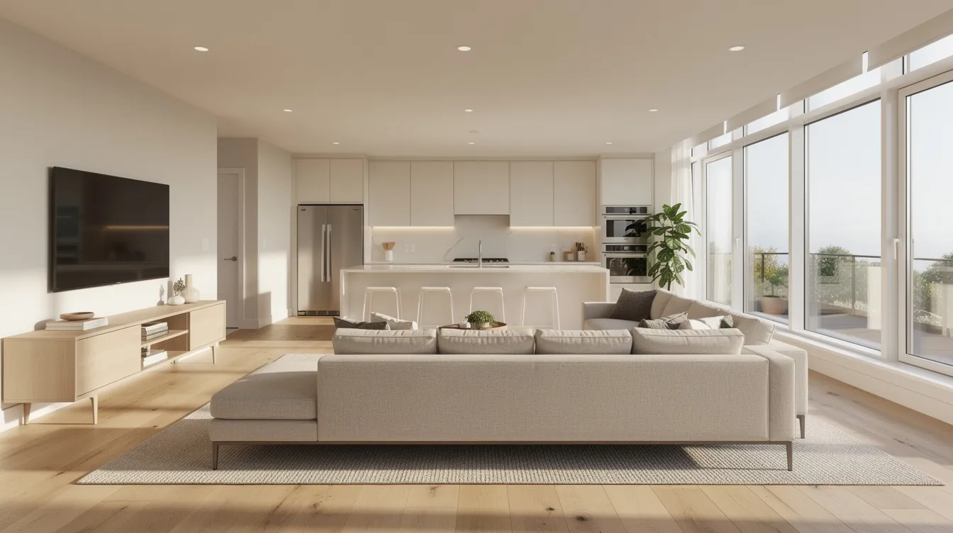 The image depicts an open-concept living room that seamlessly connects to a kitchen featuring a central island, with abundant natural light flooding in through large windows. This inviting space exemplifies modern home design and could inspire modifications to your existing house plan for a more spacious layout.