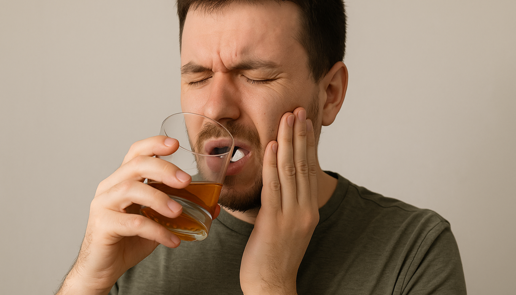 Ung mann med tannverk holder en drink og grimaserer, med bomullsdott i munnen etter tanntrekking.