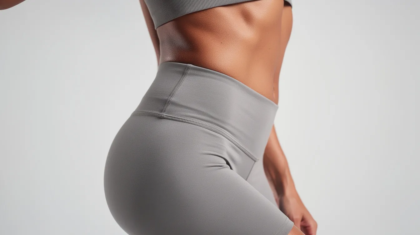 The image features a close-up view of a person's midsection, showcasing the flank and hip area from the side while wearing fitted athletic wear. This perspective highlights the presence of stubborn fat deposits, commonly known as love handles, and emphasizes the potential for body contouring and targeted fat reduction through various methods.
