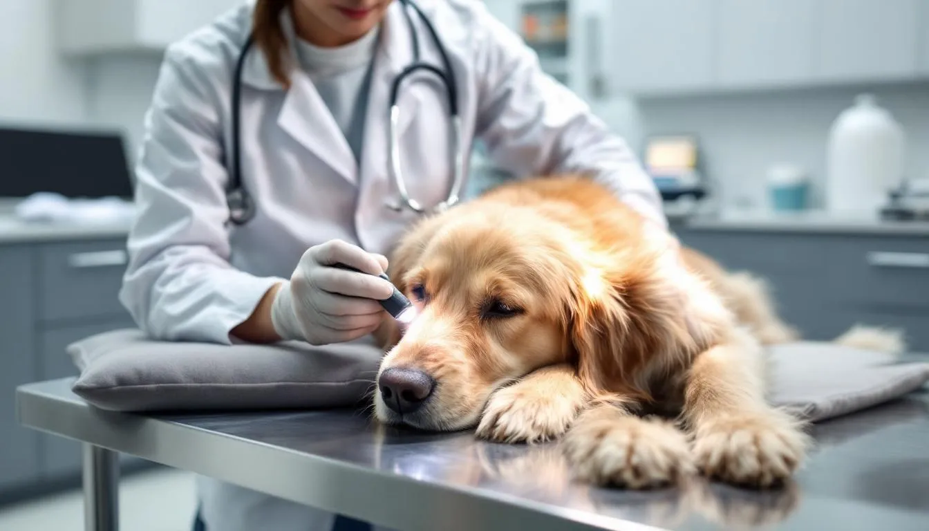 A veterinarian is performing a thorough physical examination on a golden retriever, carefully checking for lumps and abnormalities that could indicate conditions such as mast cell tumors or other canine cancers. The exam includes assessing the dog