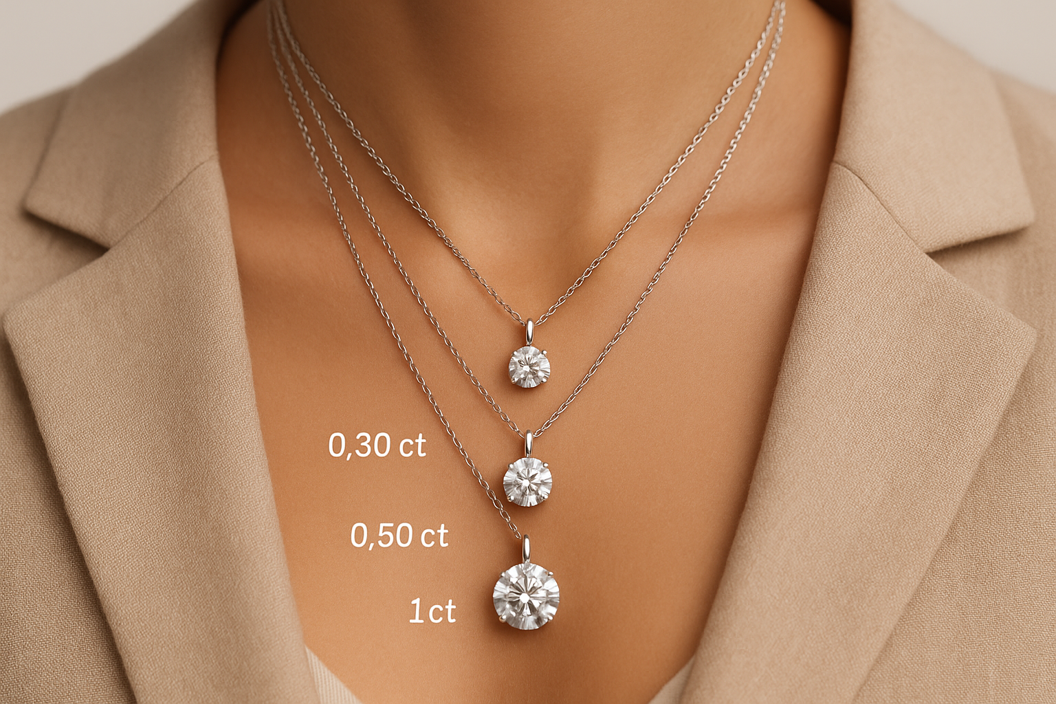 trijų skirtingų dydžių deimantinėmis akutėmis (0,30 ct, 0,50 ct ir 1 ct)