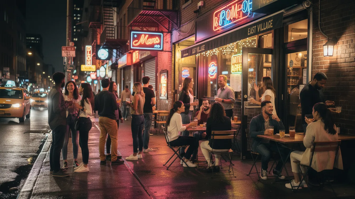 The image captures a vibrant scene of nightlife in the East Village, where groups of people are mingling outside various bars, enjoying drinks and laughter. The atmosphere is lively, with soft lighting and a mix of singles and friends gathering to socialize, embodying the fun and energetic vibe of NYC bars.
