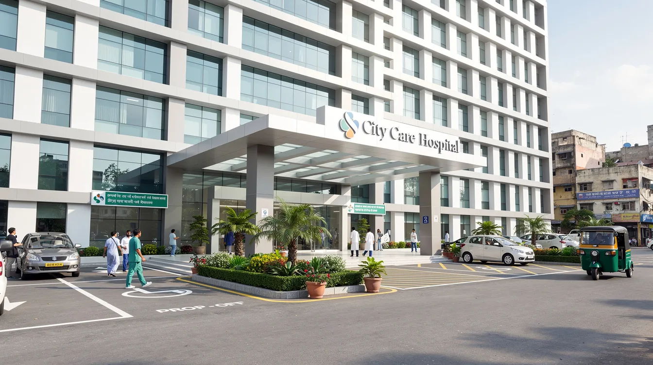 7c8ff8f9 112d 4cdd bf95 142a871a1da8 The image depicts a modern hospital building exterior set in an Indian city, featuring a well-landscaped entrance that enhances the healthcare infrastructure. This new hospital is designed to provide essential medical care and support services to the growing population in the area.