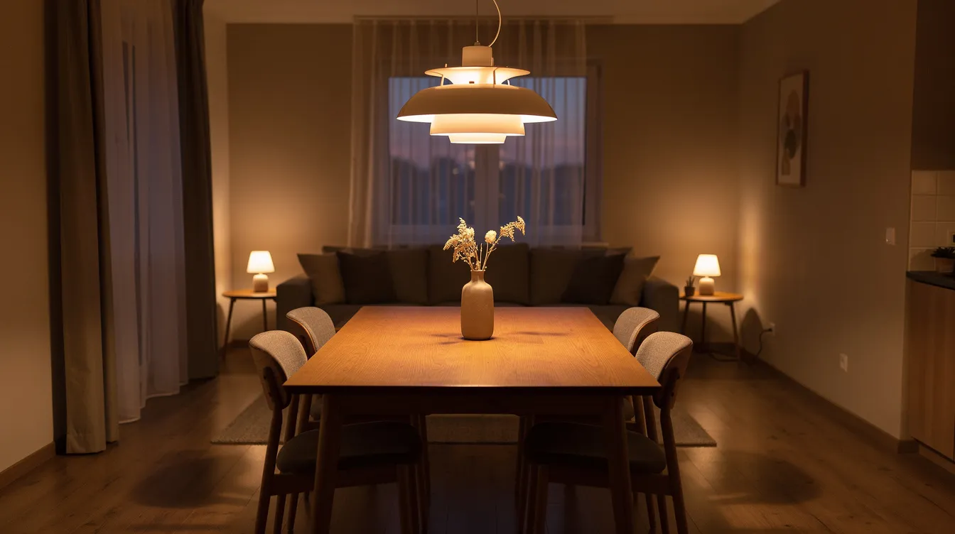 Hanglamp woonkamer: zo kies je de juiste sfeermaker Een stijlvolle hanglamp hangt boven een houten eettafel in een warme, sfeervol verlichte woonkamer. De dimbare lamp zorgt voor een gezellige ambiance, perfect voor een avond met vrienden of familie.