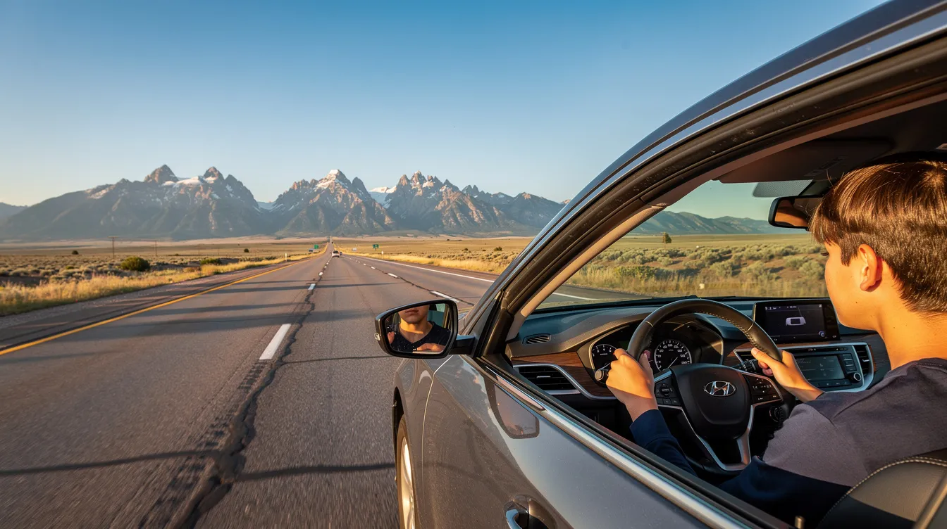A teenage driver sits behind the wheel of a car on a wide Colorado highway, with distant mountains visible in the background. The scene captures the essence of young drivers navigating the open road, emphasizing the importance of safe driving habits and adherence to traffic laws.
