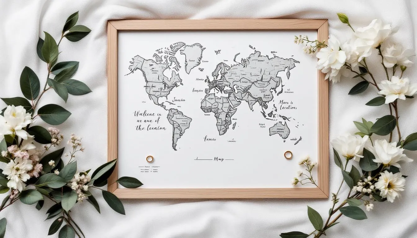 An elegant flat-lay features a framed custom illustrated map highlighting three meaningful locations for a couple, surrounded by wedding decor including rings, delicate florals, and beautiful calligraphy, creating a heartfelt keepsake that tells their love story. This personalized wedding gift captures the essence of their special day and serves as a constant reminder of their cherished moments together.