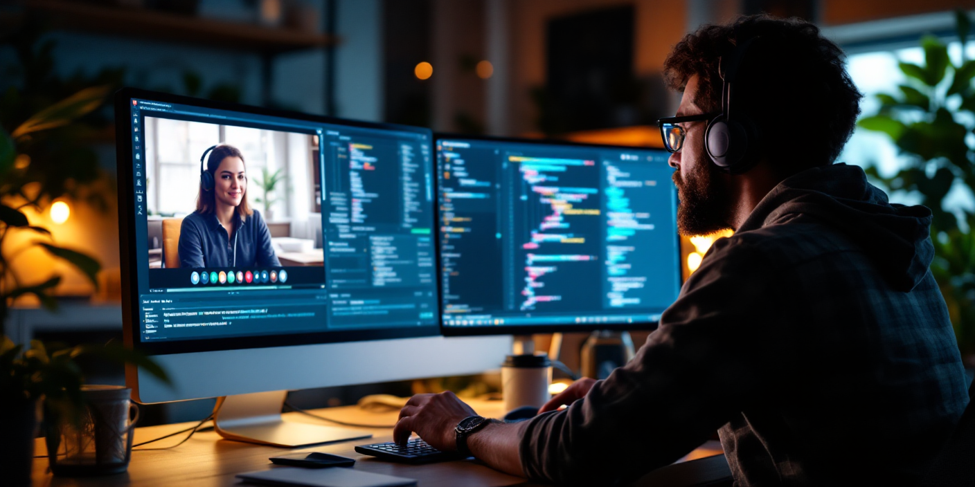 A remote developer having an meeting while looking at code. 