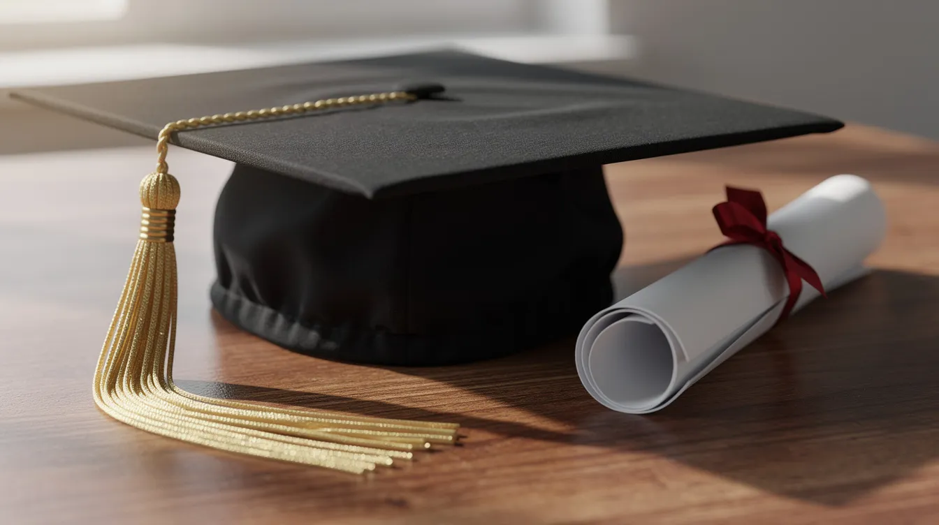 A close-up image features a graduation cap with a tassel resting on a wooden desk, accompanied by a rolled diploma, symbolizing the completion of a degree program at a higher education institution. This scene evokes the significance of academic credentials and the importance of legitimate diplomas in the pursuit of employment and recognition.