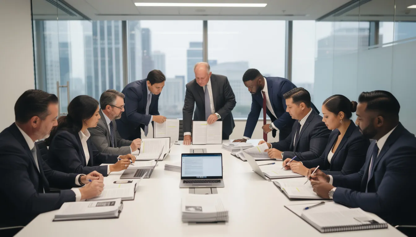 A group of attorneys and staff are gathered around a conference table, intently reviewing documents related to brain injury cases. This collaborative atmosphere suggests a focus on providing legal support for brain injury victims, including those affected by traumatic brain injuries and seeking compensation for medical expenses and lost wages.