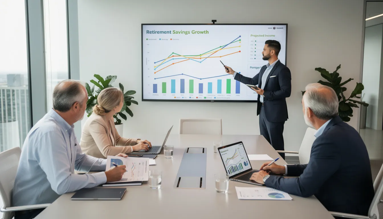 The image depicts a professional meeting room where a financial advisor is presenting retirement projections to a group of clients. The advisor discusses important topics such as required minimum distributions (RMD), retirement accounts, and tax implications for various retirement plans, including traditional IRAs and employer-sponsored retirement plans.