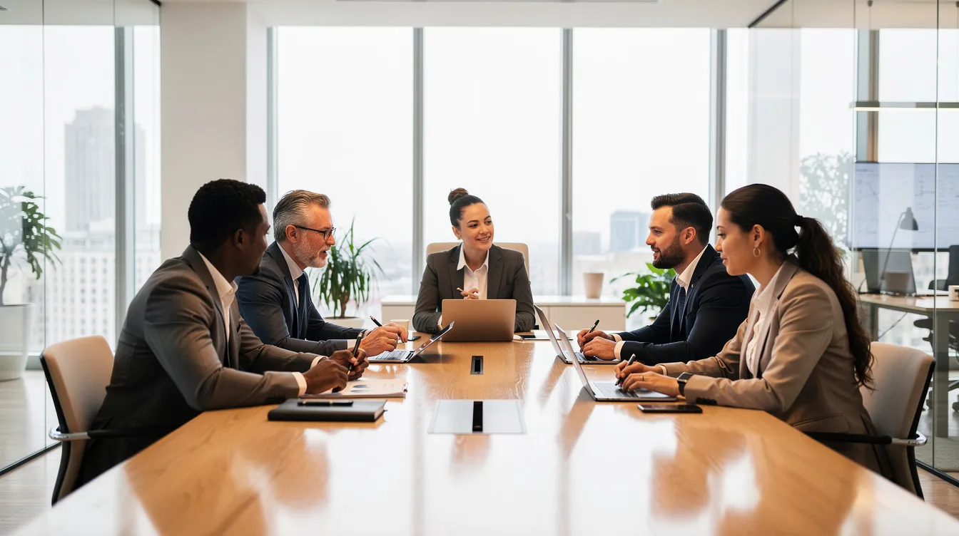 Une réunion professionnelle se déroule autour d'une table dans un bureau moderne, où plusieurs individus échangent des idées sur le développement personnel et la méthode DISC pour améliorer leur communication et leurs ventes. L'atmosphère est collaborative, favorisant une meilleure compréhension des profils et des comportements des clients.