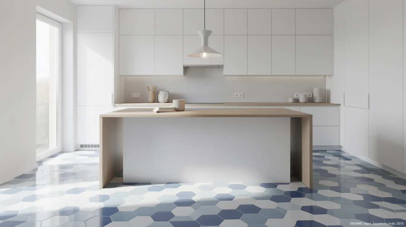 Cette image montre une cuisine moderne avec un sol en carrelage hexagonal bleu et blanc, un plan de travail en bois clair et une suspension design. L'espace est soigneusement aménagé, mettant en valeur le savoir-faire d'un carreleur à Nantes, idéal pour des projets de rénovation.
