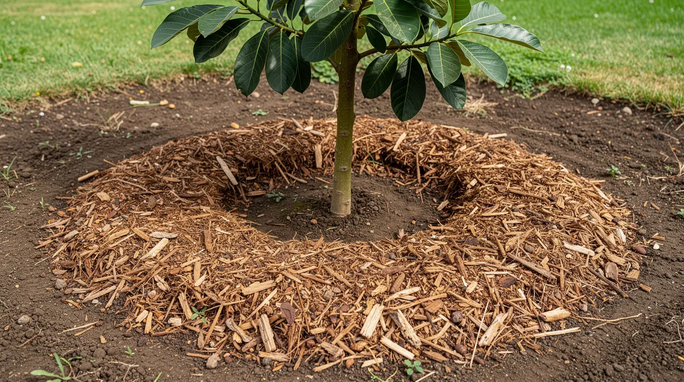 A young avocado tree, about three feet tall, stands surrounded by coarse wood mulch, which has been pulled back from the trunk to prevent root rot. The mulch, made of shredded tree bark, helps retain moisture and supports the tree's growth as it matures and begins to produce fruit.