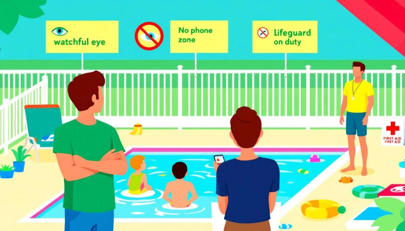 A family supervising children while swimming, showcasing supervision strategies for a safer pool environment.