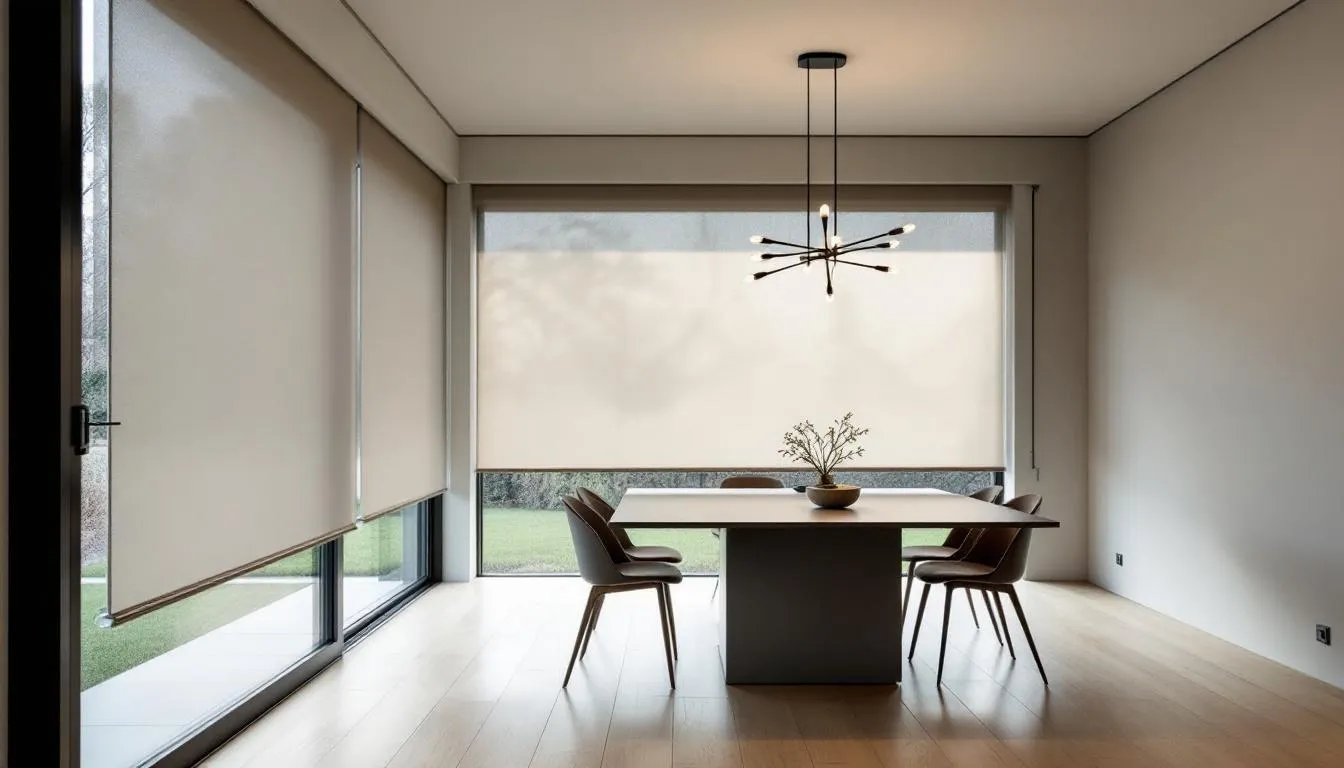 A modern dining room showcases sleek solar shades that provide optimal light control while preserving the view, effectively filtering natural light and blocking harmful UV rays. The shades enhance energy efficiency by reducing glare and protecting furniture from sun damage, making them a stylish and functional window treatment choice.