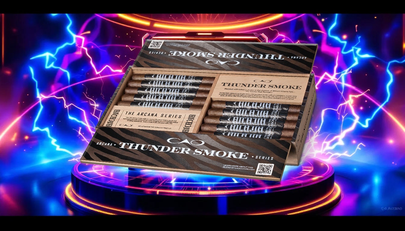 Introduction to CAO Arcana Thunder Smoke, showcasing the cigar's packaging.