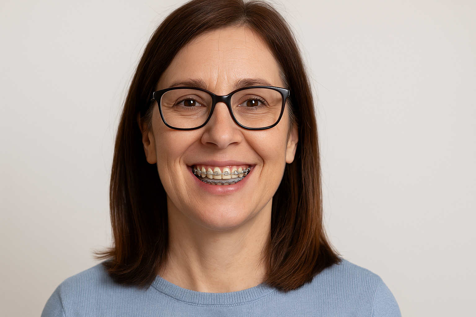 Smilende voksen kvinne med regulering og briller viser tannregulering er vanlig også i voksen alder, trygg og selvsikker.