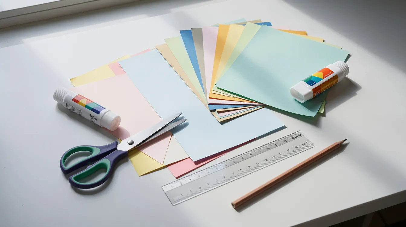 Na biurku rozłożone są kolorowe materiały papiernicze, w tym kolorowe kartki, nożyczki, klej, linijka oraz oł&oacute;wek, idealne do tworzenia lapbook&oacute;w i wklejek. Te elementy zachęcają do kreatywnej nauki i wykorzystania gotowych szablon&oacute;w w r&oacute;żnych kształtach.