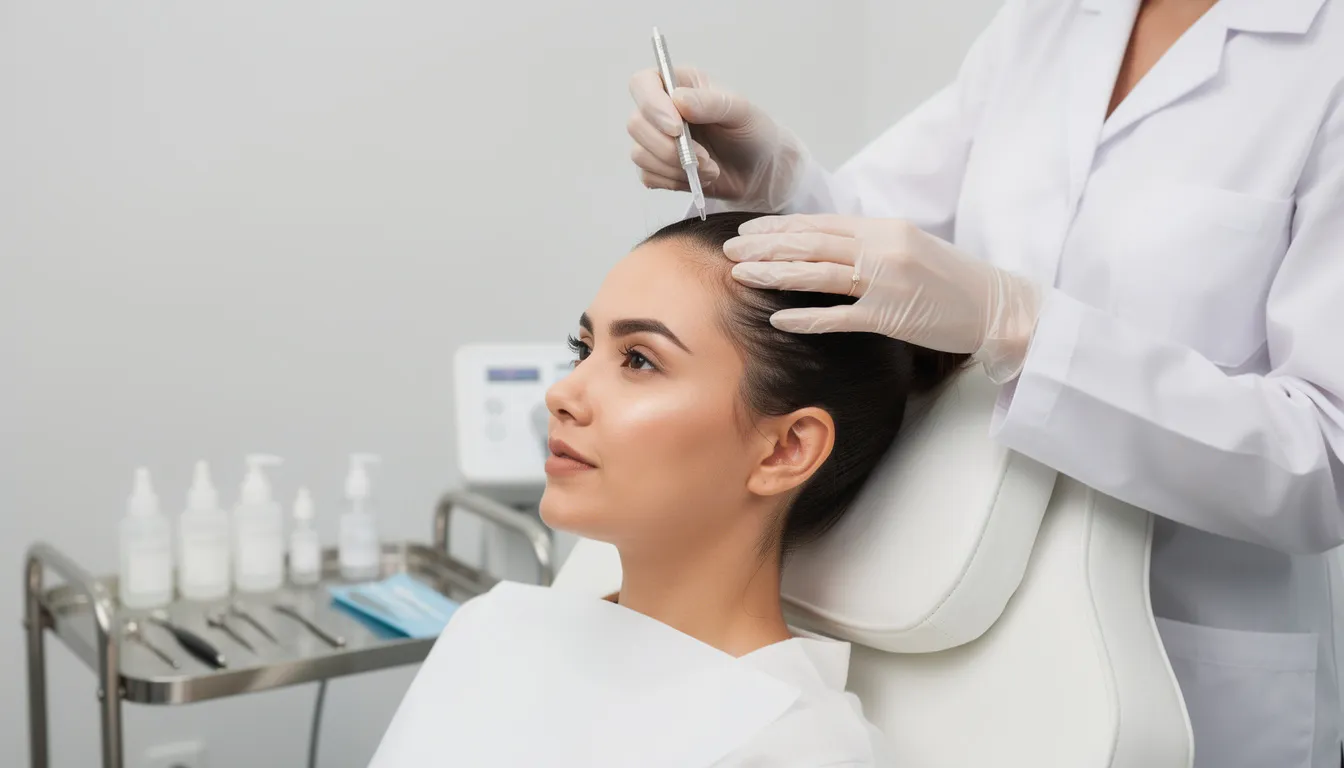 A person is seated in a clinical setting, receiving a scalp treatment that may involve the application of biologically active molecules to promote healing and restore normal function in damaged tissues. This regenerative medicine treatment highlights advancements in stem cell biology and tissue engineering for improving health conditions.