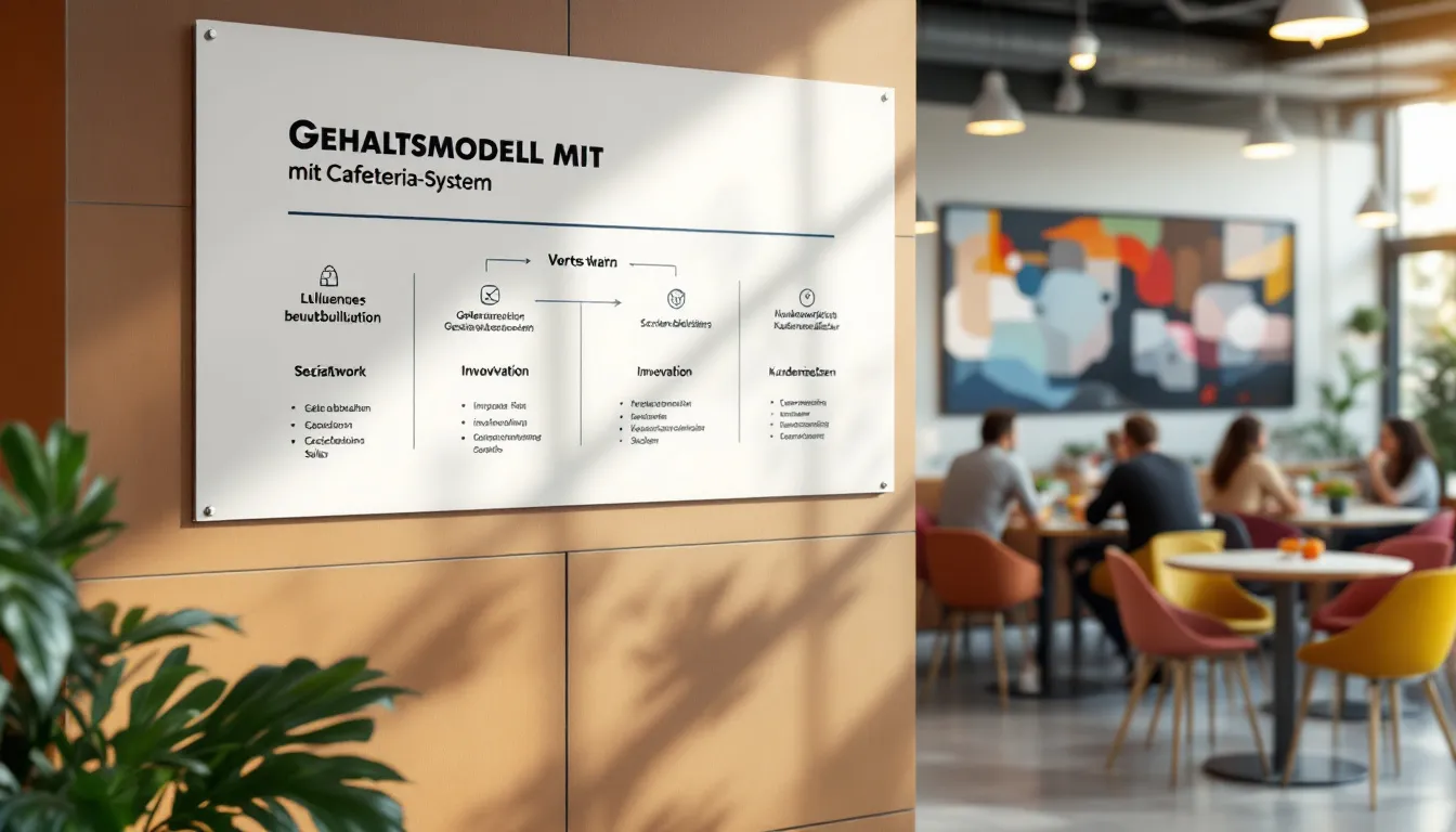 Das Bild zeigt ein Diagramm, das das Gehaltsmodell mit einem Cafeteria System im Unternehmen veranschaulicht. Es illustriert die Wahlmöglichkeiten und Vorteile für Mitarbeiter, die ihre Sozialleistungen und Entgeltgestaltung gemäß ihren individuellen Bedürfnissen und Präferenzen anpassen können.