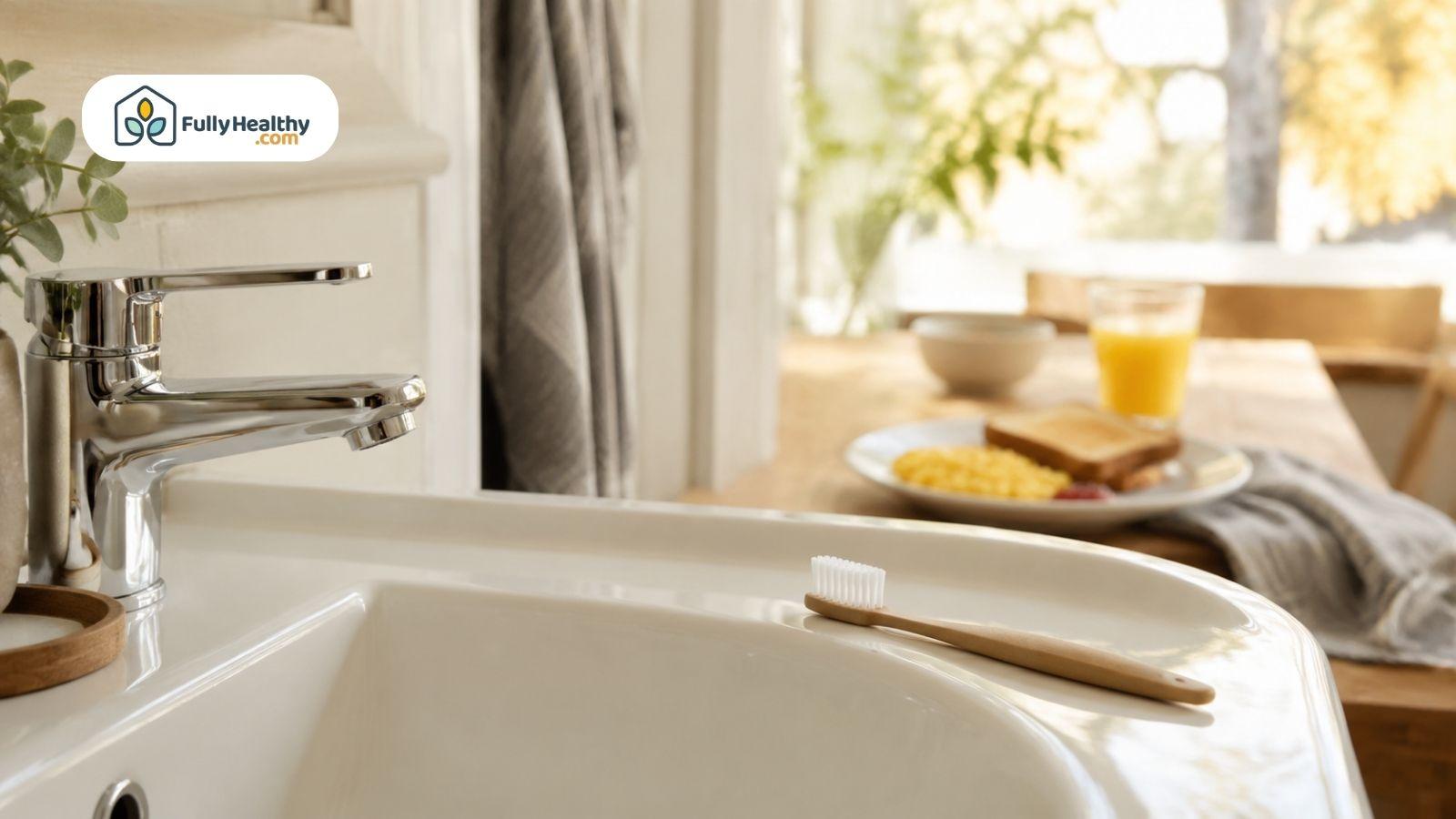 Toothbrush beside sink with a prepared breakfast in a table visible nearby.