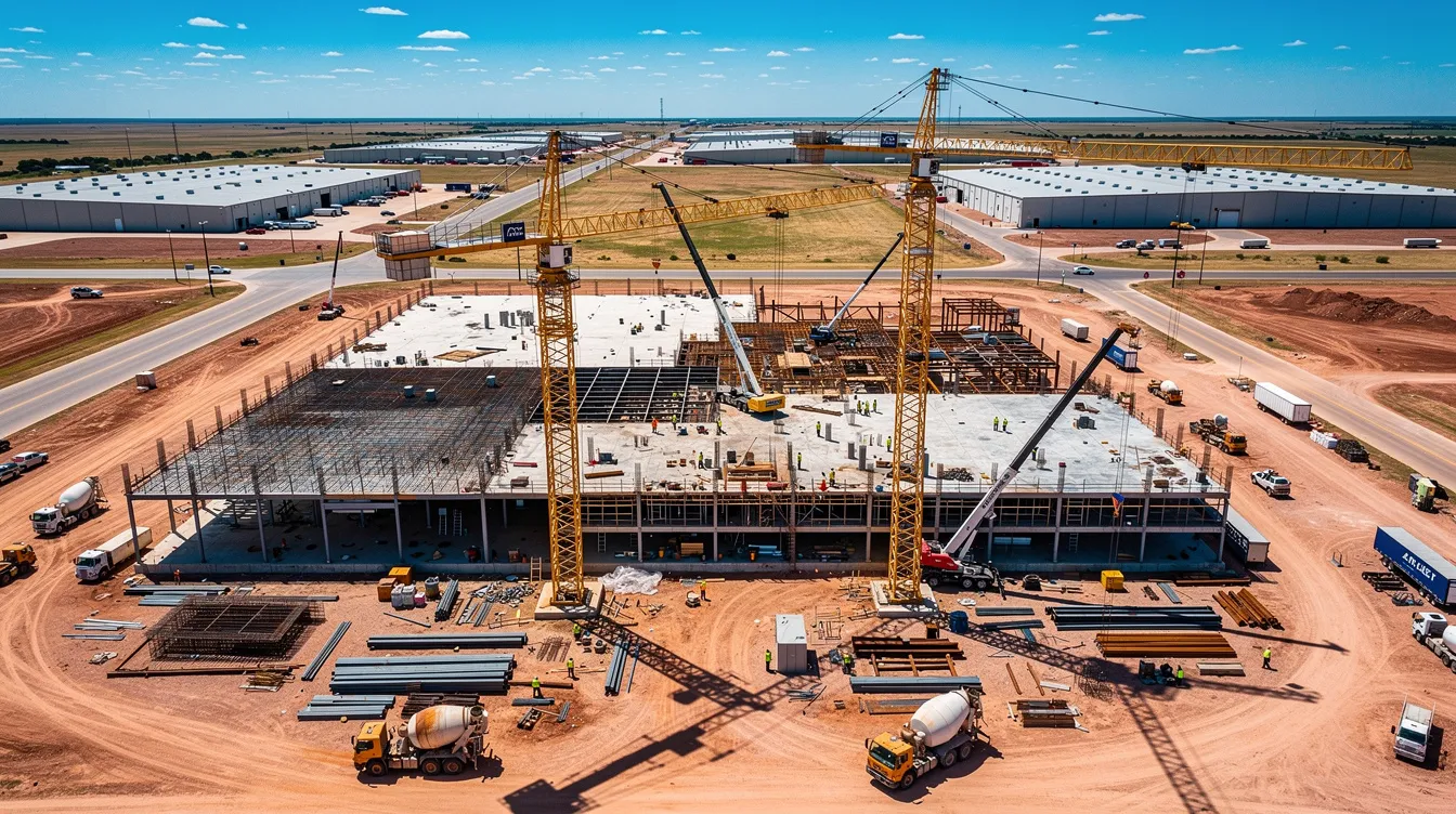 An aerial view captures an active construction site in Texas, featuring towering cranes and steel framing under a bright sun, highlighting the bustling construction industry. This scene reflects the importance of managing project costs and cash flow for construction companies to ensure financial health and successful project completion.