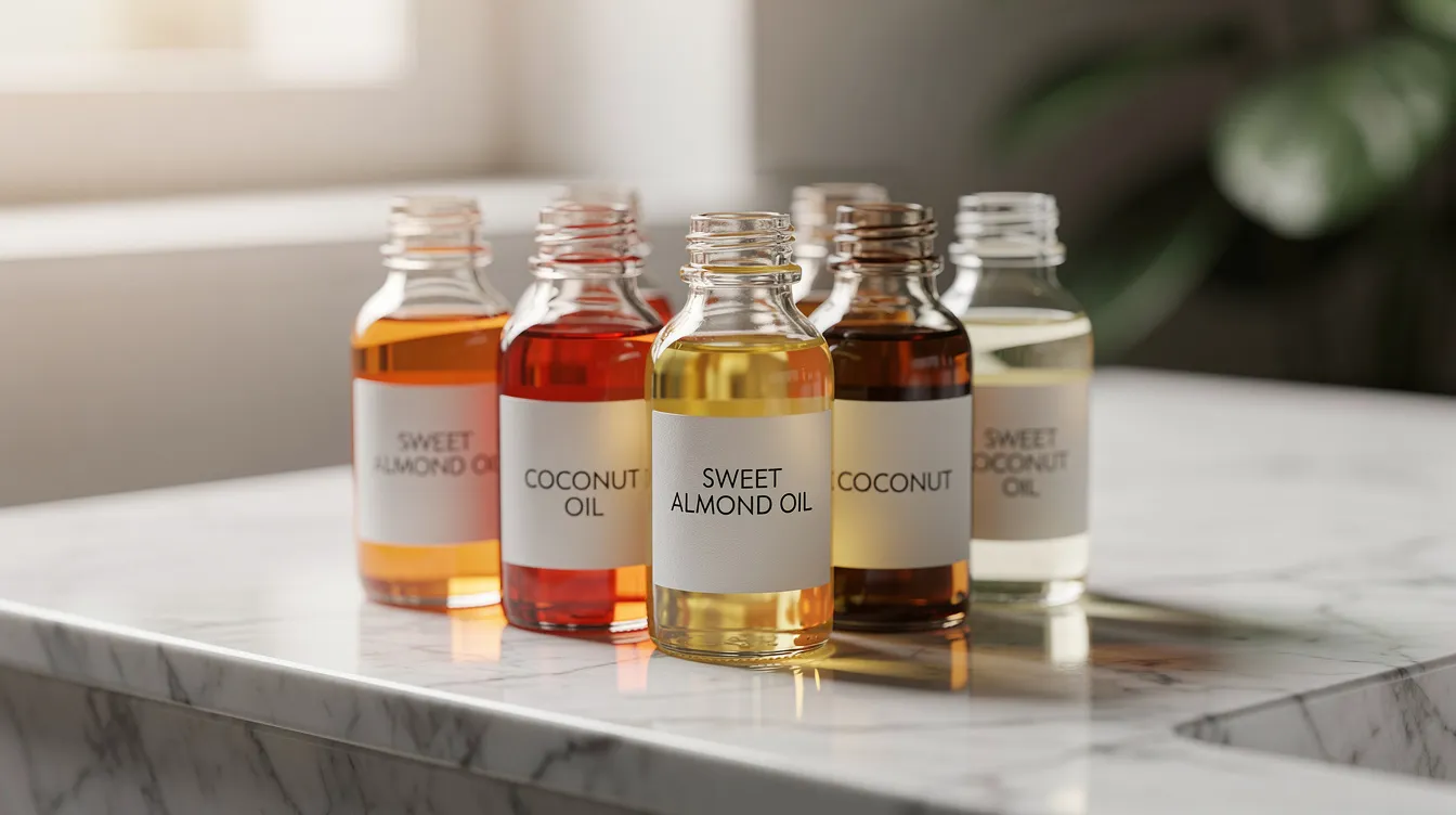 The image showcases a collection of small glass bottles filled with vibrant natural oils, including sweet almond oil and coconut oil, artfully displayed on a sleek marble countertop. These oils are essential for a hair care routine, promoting healthy hair growth and enhancing overall hair health.