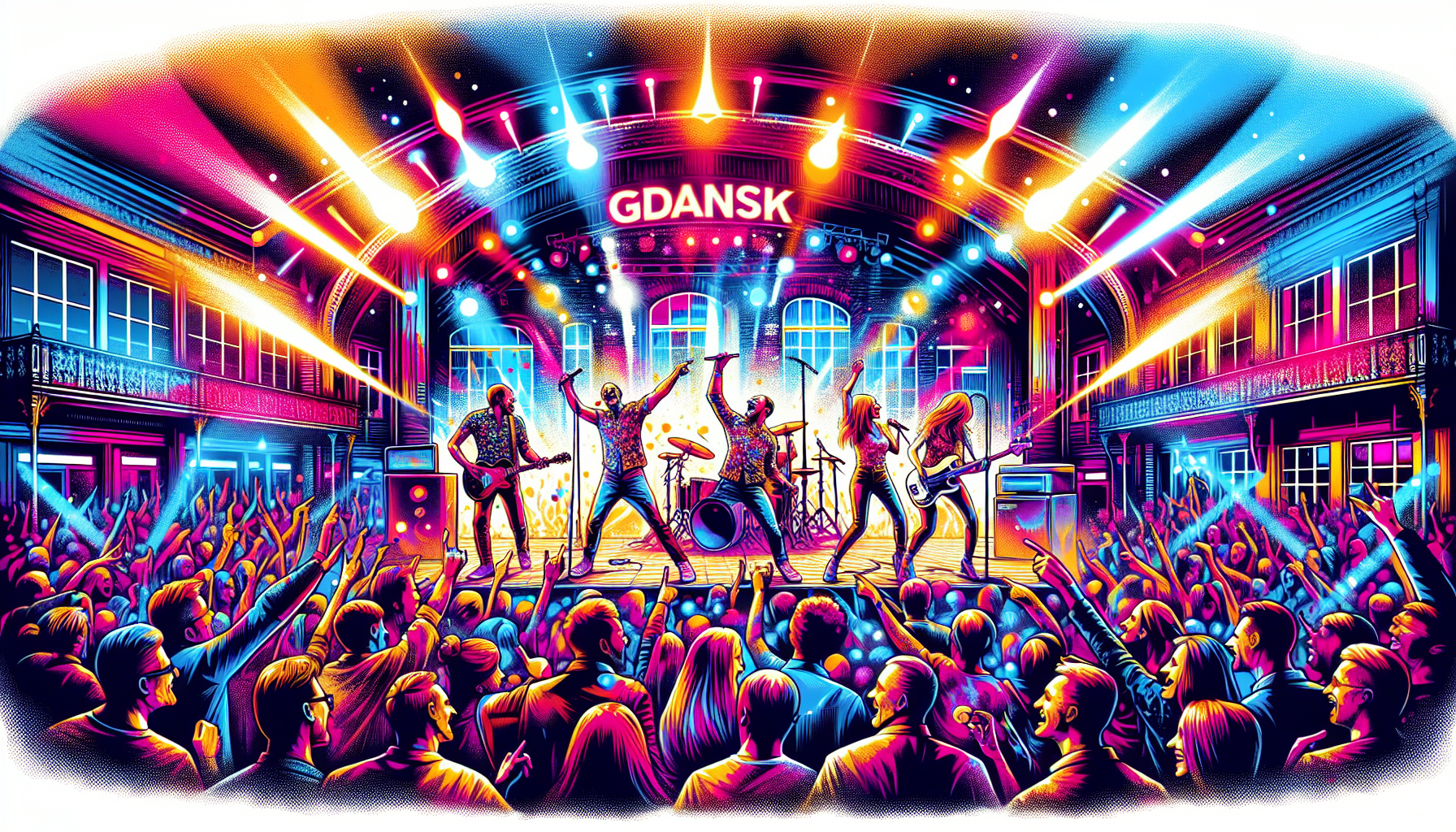 A live music venue in Gdansk with a band performing on stage and an engaged audience.