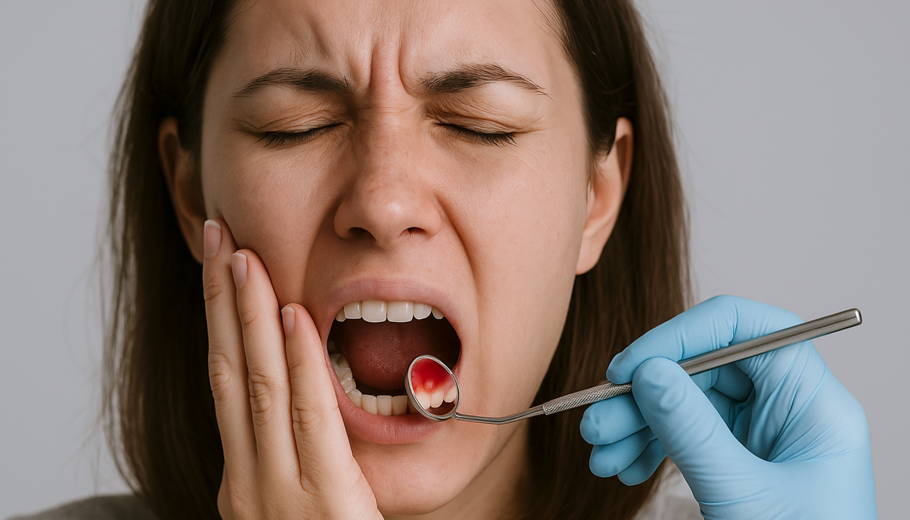 Kvinne med tannverk undersøkes av tannlege, smerte uttrykkes i ansiktet mens tannspeil viser rødt område i munnen."