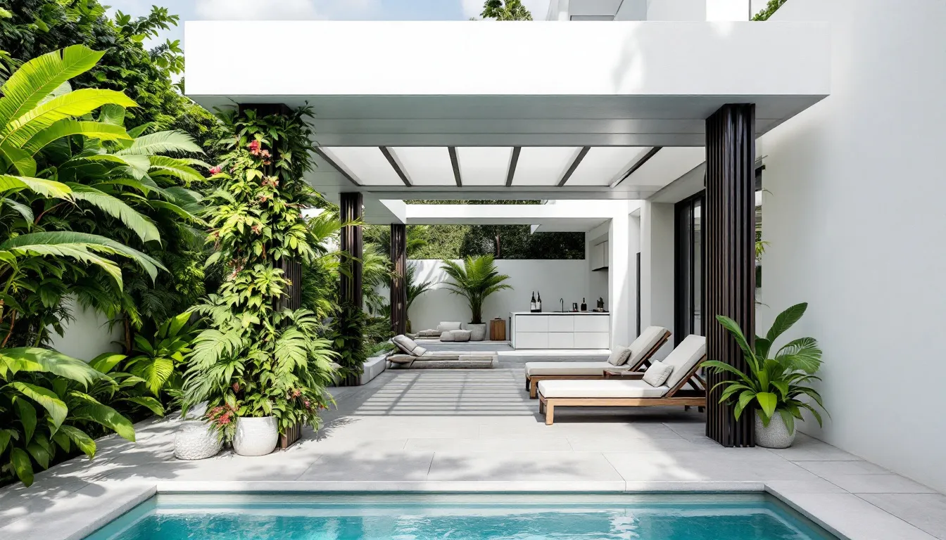 A stylish pergola providing shade over a pool area.