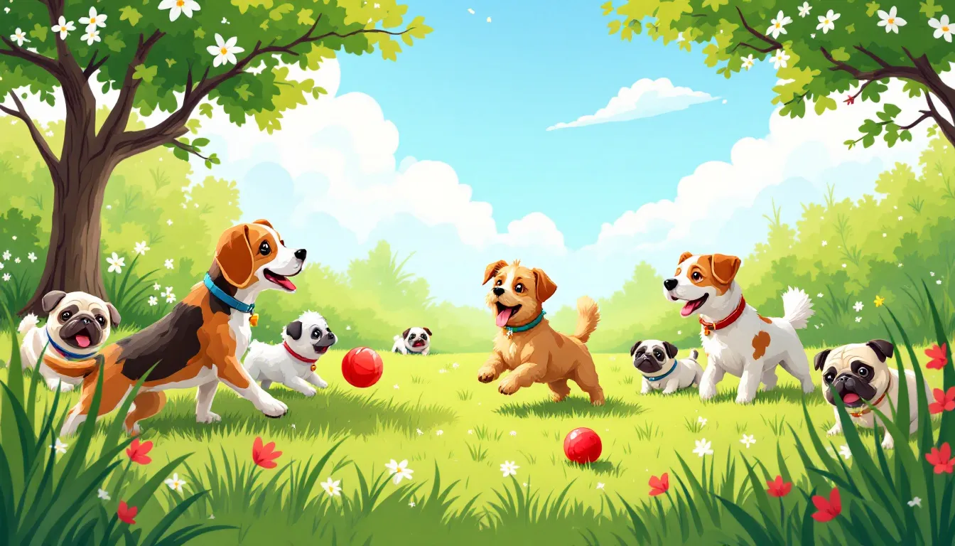 A group of dogs enjoying a social play date, showcasing different games to play.