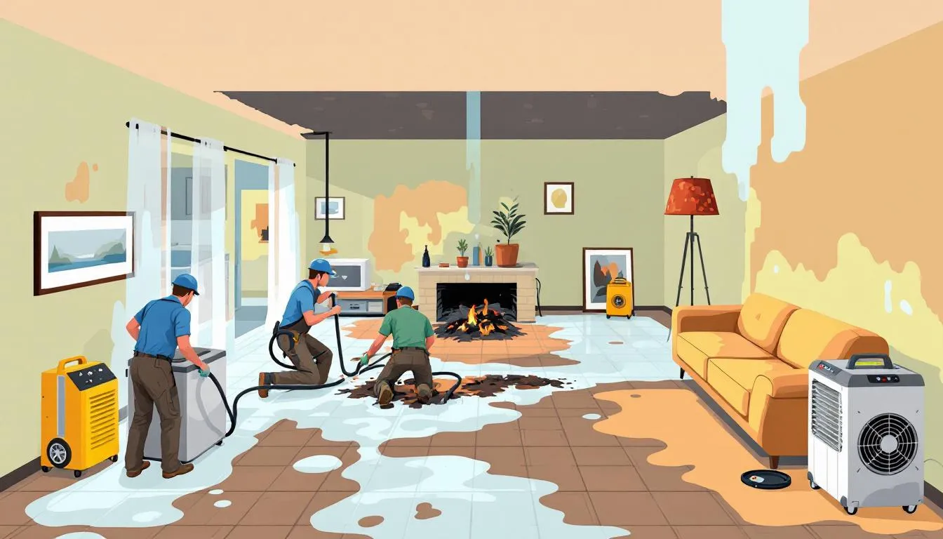 Water removal and drying process after a fire incident.
