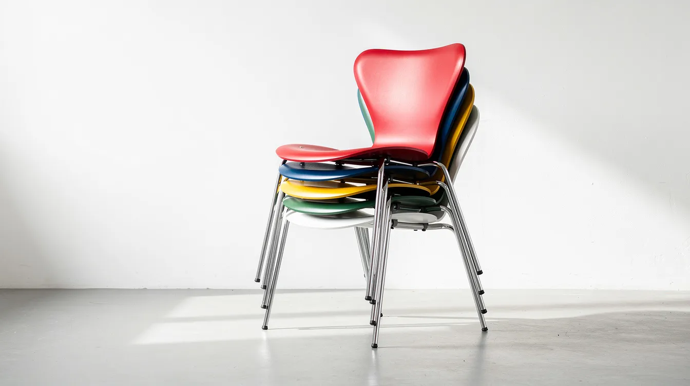 Bildbeskrivning: Staplade Sjuan-stolar i olika färger står mot en vit vägg, vilket skapar en modern och elegant inredning. Dessa ikoniska stolar, designade av Arne Jacobsen och tillverkade av Fritz Hansen, visar upp tidlös dansk design och ger en färgglad touch till hemmet.