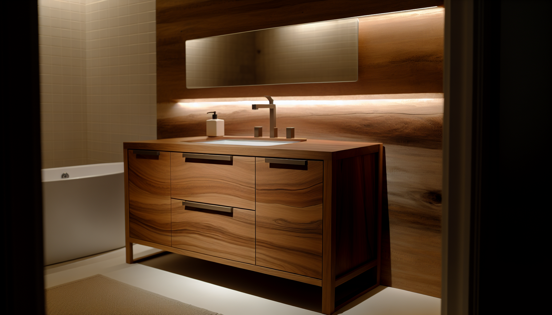 A stylish vanity with natural wood and modern design, illuminated by ambient lighting