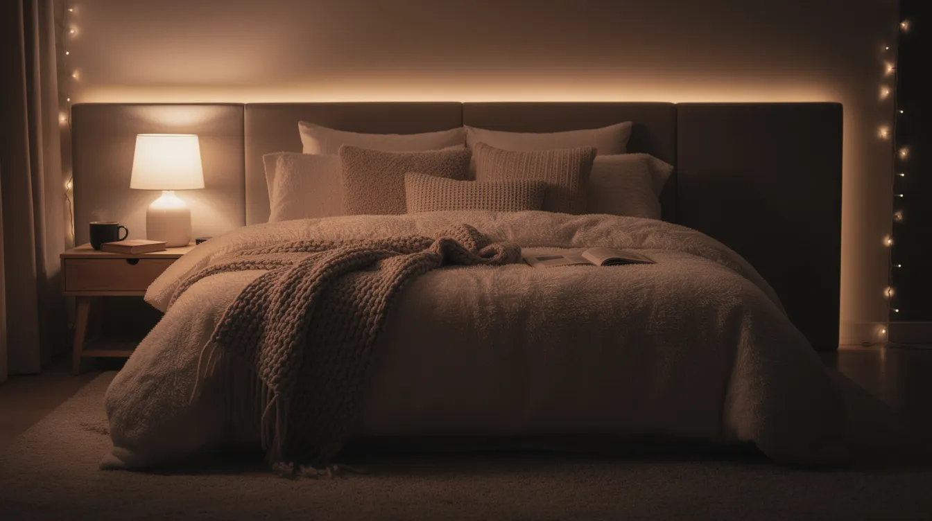 Ein gemütliches Schlafzimmer mit warmem, sanftem Licht und einladender Bettwäsche, ideal für einen erholsamen Schlaf. Die Atmosphäre fördert eine gute Schlafqualität und unterstützt die verschiedenen Schlafphasen, einschließlich der wichtigen Tiefschlafphase für Körper und Geist.