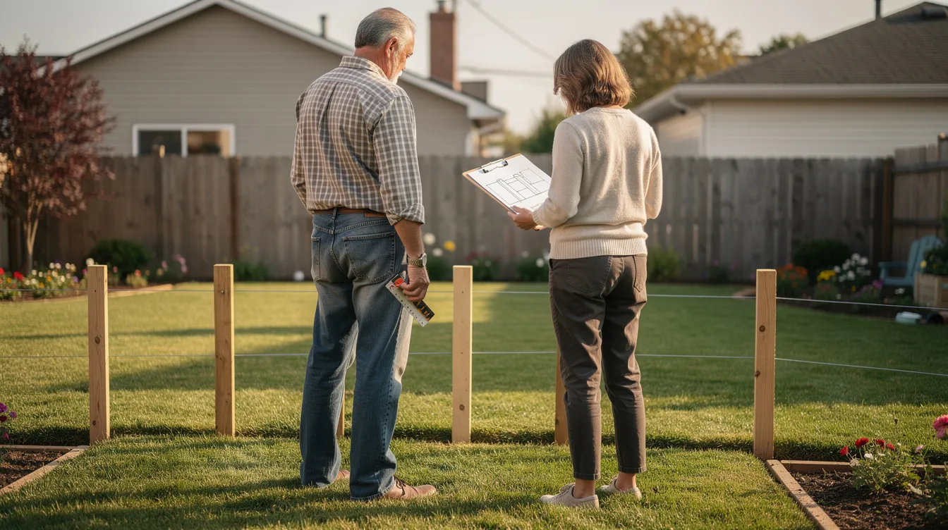 Two neighbors are standing together in a suburban backyard, examining wooden stakes that mark the property line for a new fence. They appear to be discussing the responsibilities and costs associated with the construction, possibly seeking legal assistance to ensure compliance with zoning laws and to establish a written agreement on the shared fence.