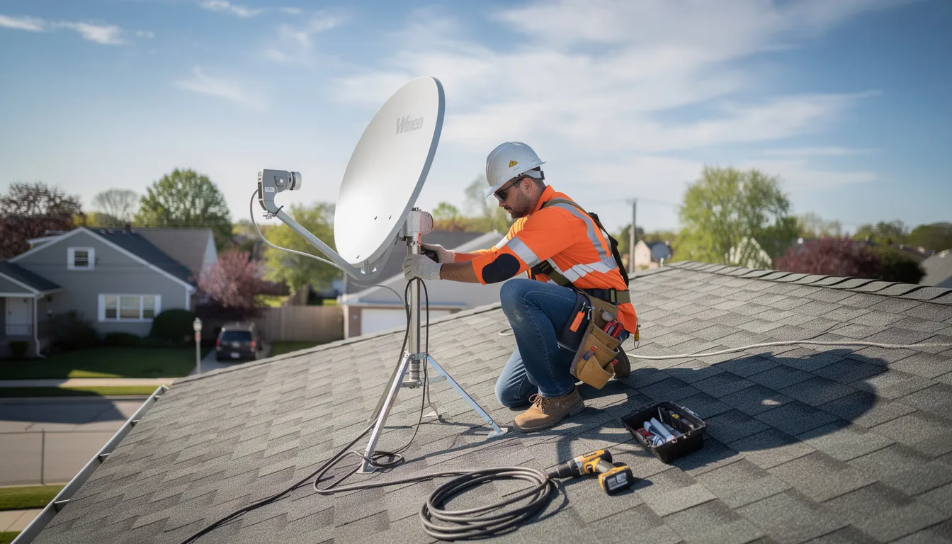 A technician is seen adjusting a satellite dish on a residential rooftop, ensuring optimal signal reception for a DSTV system. This professional DSTV installation service highlights the expertise of accredited DSTV installers in Milnerton, dedicated to providing top-notch service and troubleshooting for home entertainment needs.